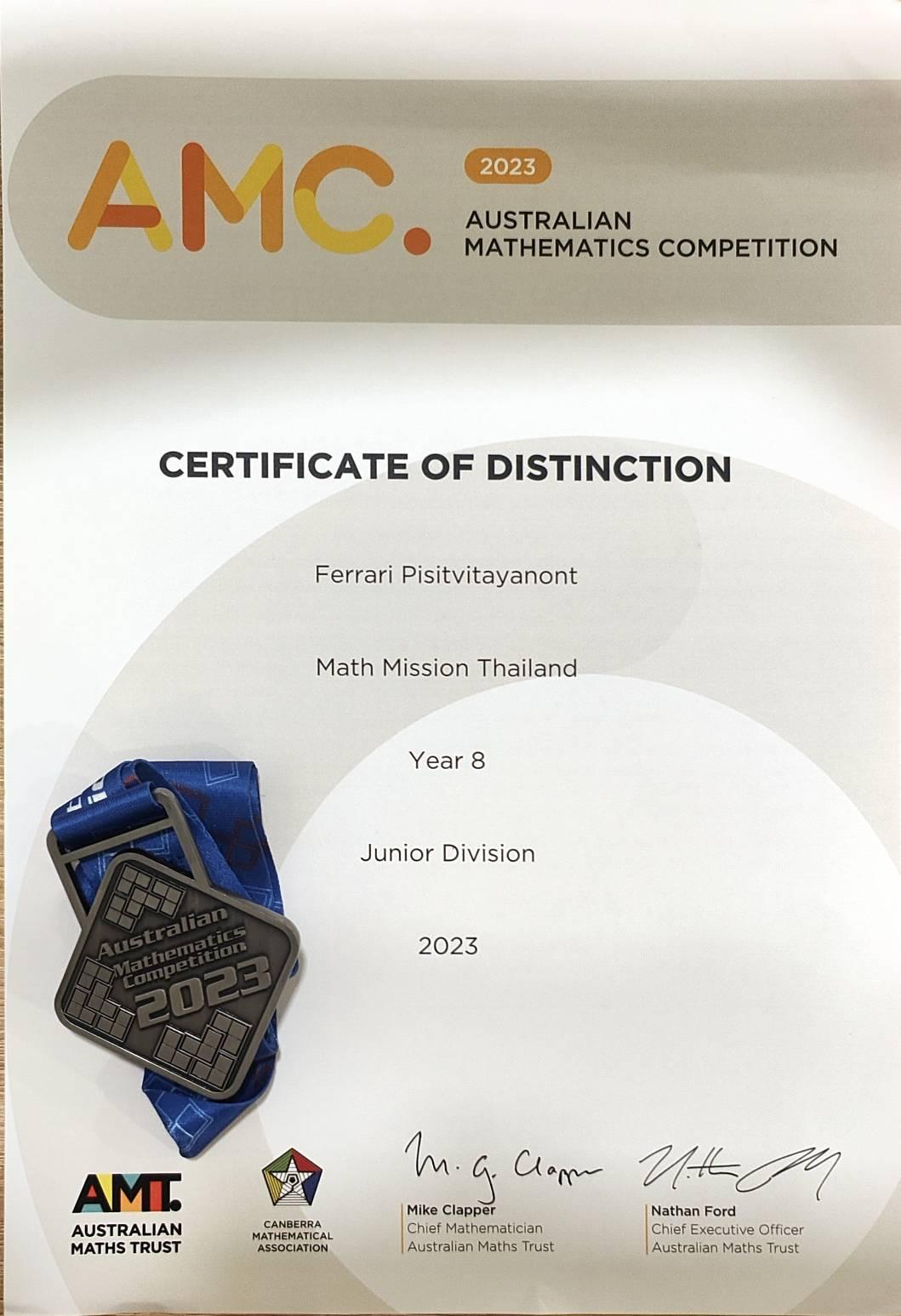 A Certificate of Distinction and medal from the 2023 Australian Mathematics Competition, Junior Division